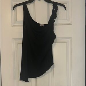 Black One-Shoulder Silky Top with Lace Detail by Venus
